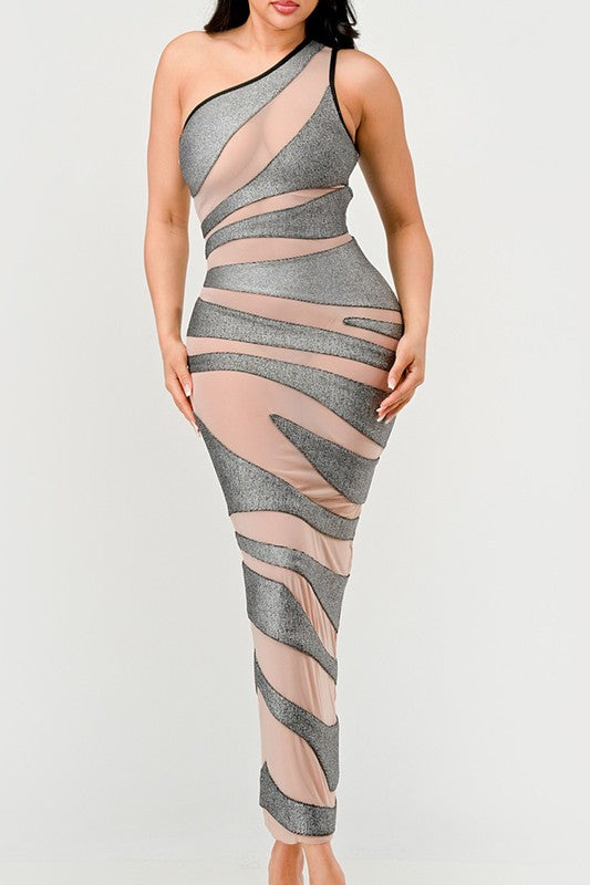 Metallic Bandage Mesh Insert Dress-[Adult]-[Female]-SILVER/NUDE-S-2022 Online Blue Zone Planet