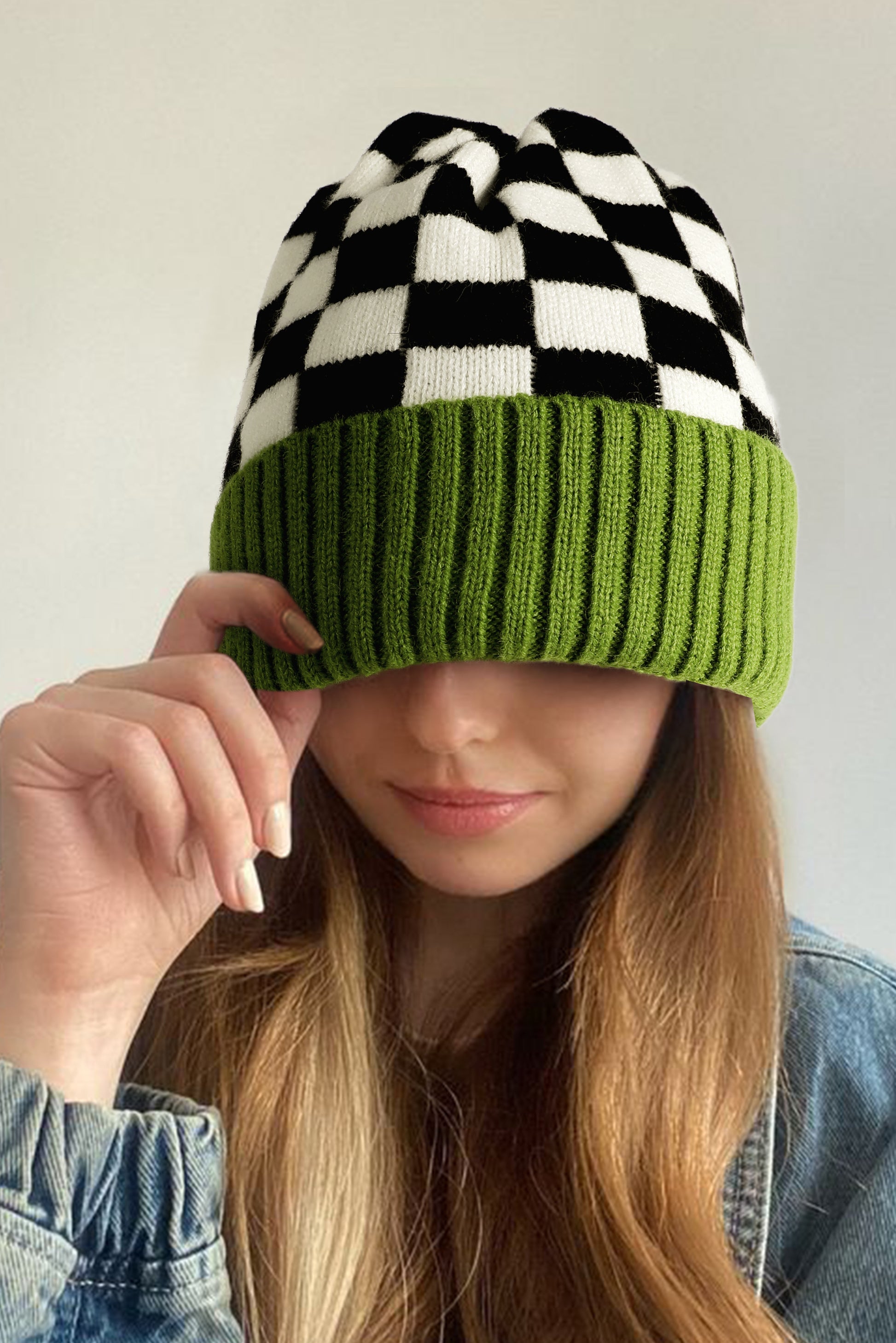 Blue Zone Planet | Spinach Green Checkered Color Block Unisex Winter Beanie Hat-BEANIES-[Adult]-[Female]-Spinach Green-ONE SIZE-2022 Online Blue Zone Planet