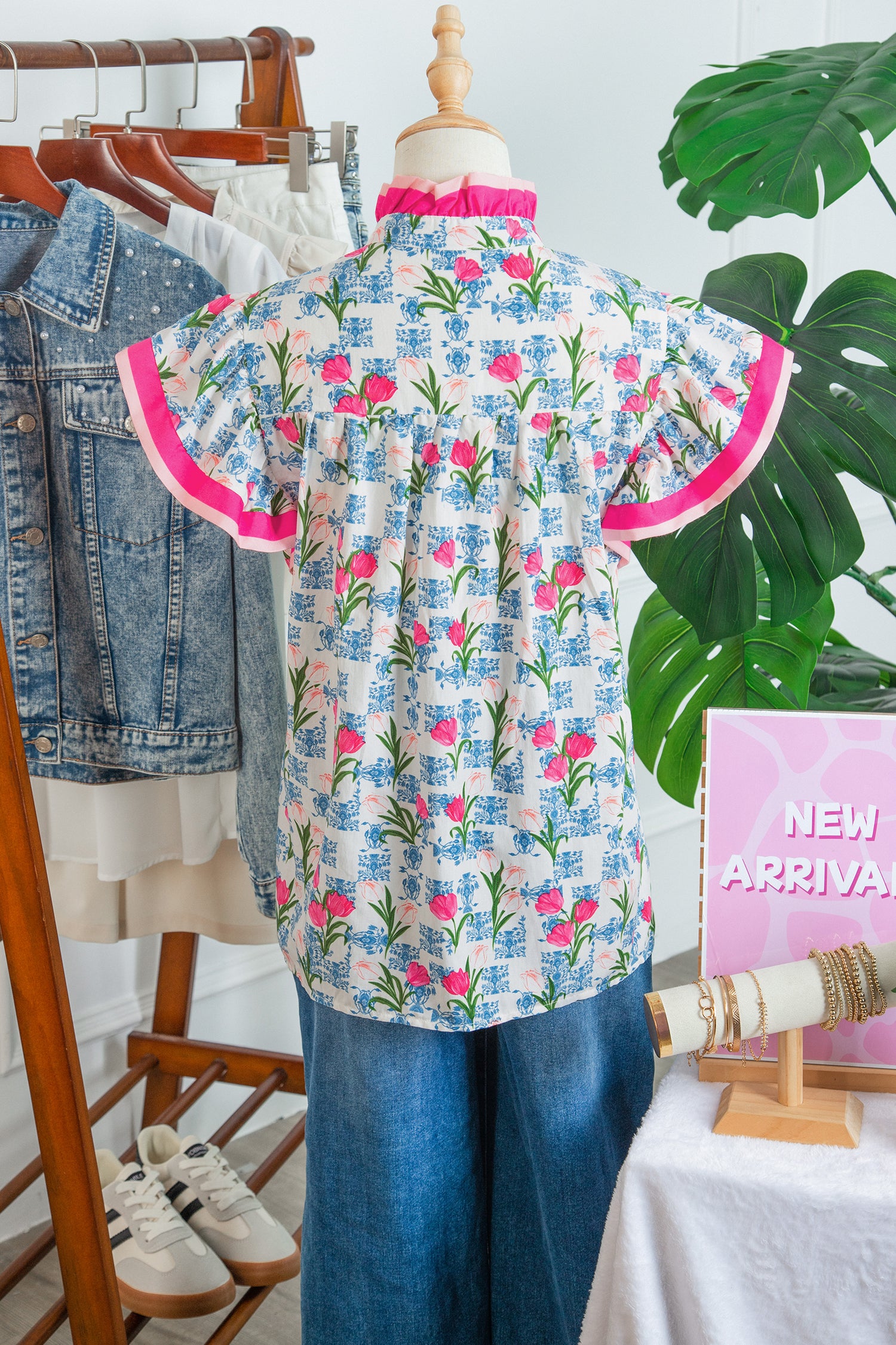 Rose Floral Print Color Block Striped Trim Flutter Sleeve Half Button Blouse-Tops/Blouses & Shirts-[Adult]-[Female]-2022 Online Blue Zone Planet