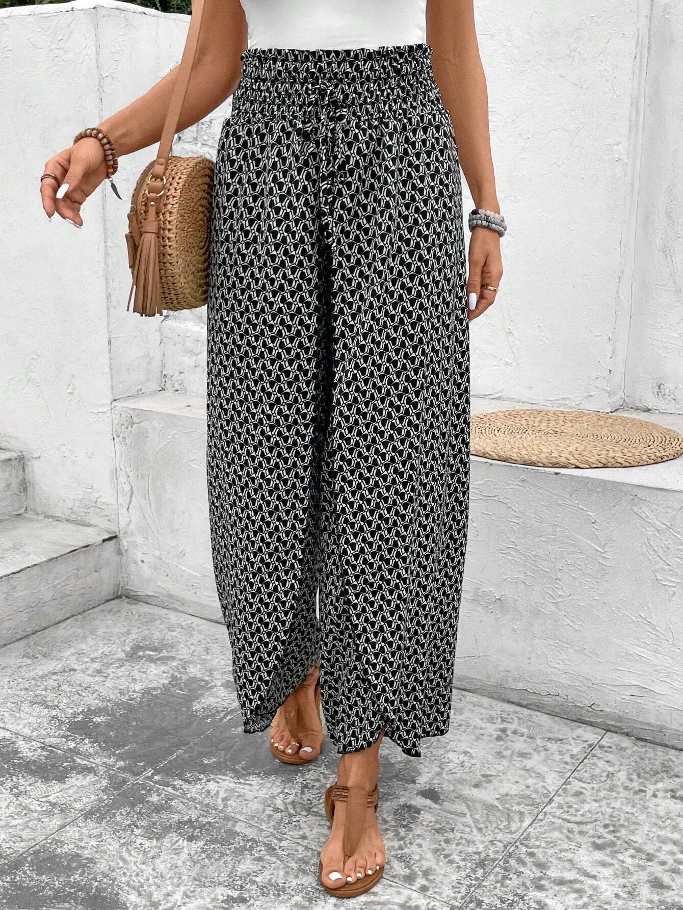Black Bohemian Print Slit Wide Leg Smocked High Waist Pants-Bottoms/Pants & Culotte-[Adult]-[Female]-Black-S-2022 Online Blue Zone Planet