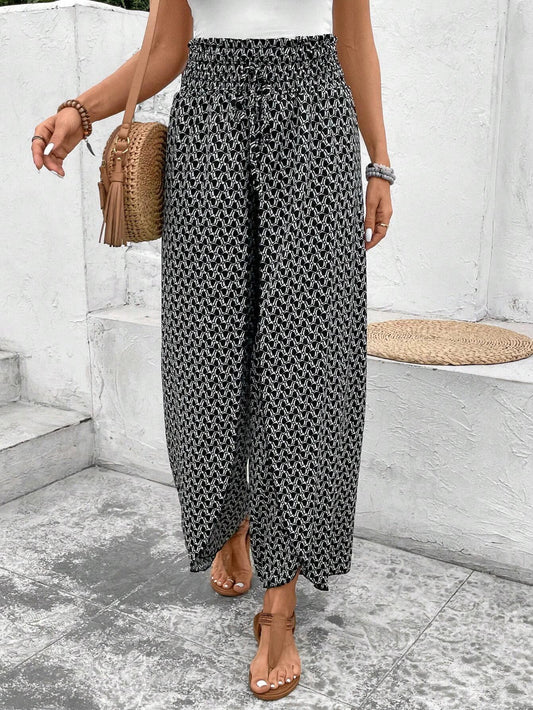 Black Bohemian Print Slit Wide Leg Smocked High Waist Pants-Bottoms/Pants & Culotte-[Adult]-[Female]-Black-S-2022 Online Blue Zone Planet