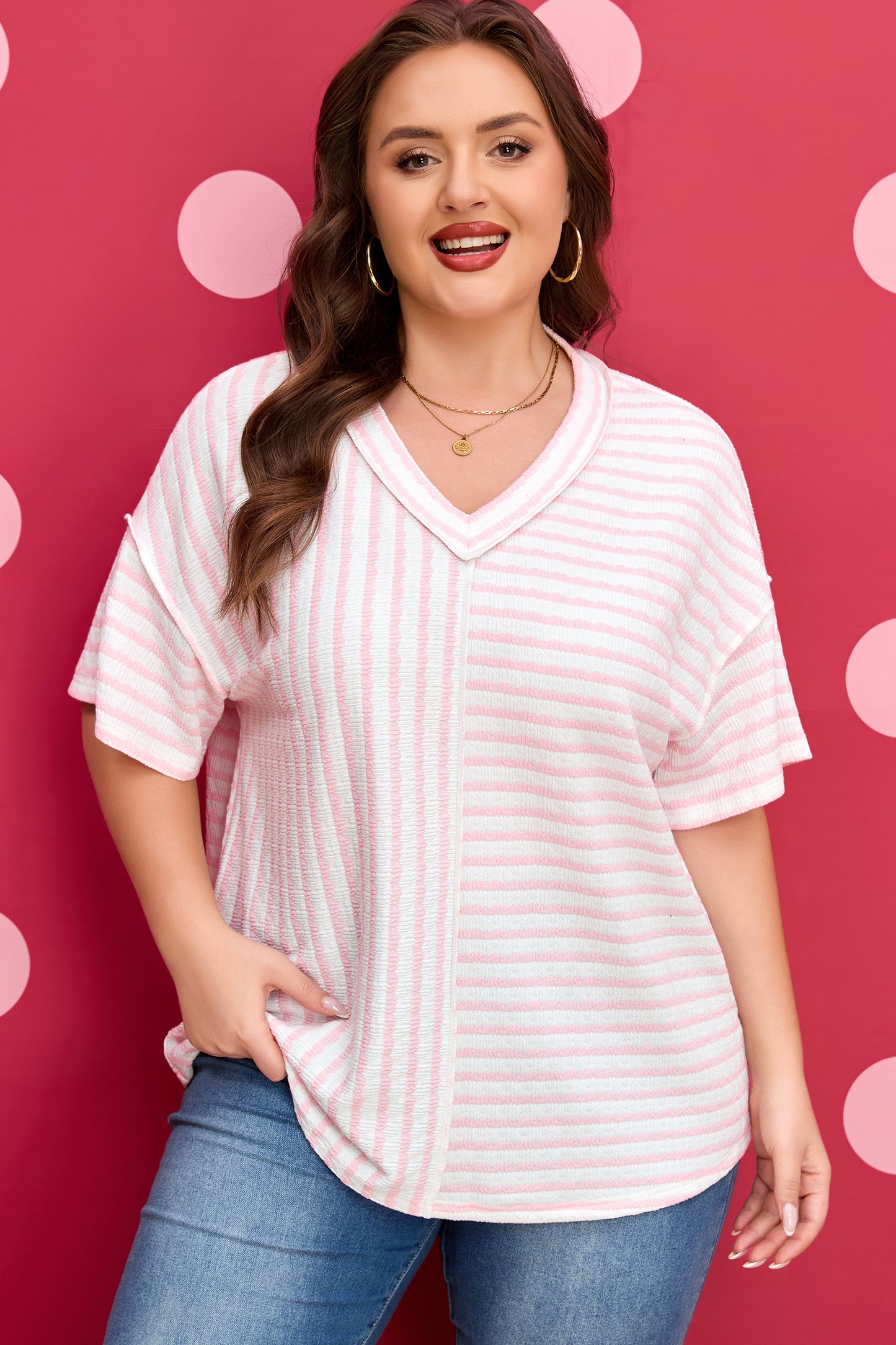 Pink Stripe Plus Size V Neck Exposed Seam Patchwork T Shirt-Plus Size/Plus Size Tops/Plus Size Tops & Tees-[Adult]-[Female]-2022 Online Blue Zone Planet