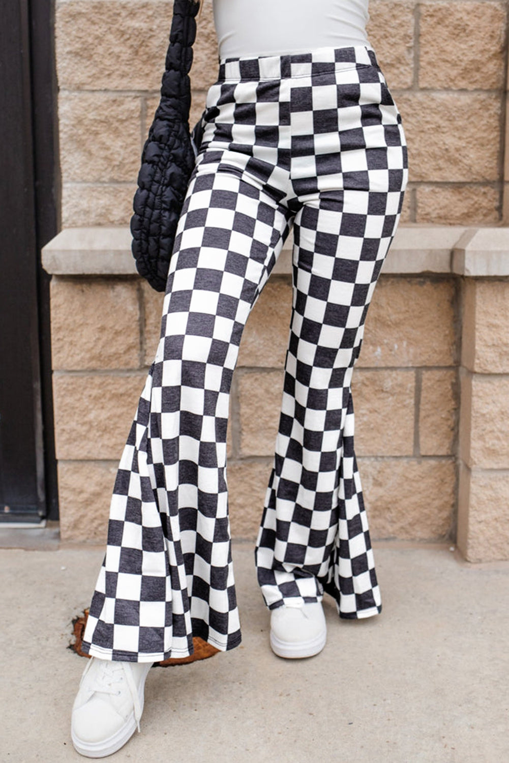 Blue Zone Planet | Black Checkerboard High Rise Casual Flared Pants-Bottoms/Pants & Culotte-[Adult]-[Female]-2022 Online Blue Zone Planet