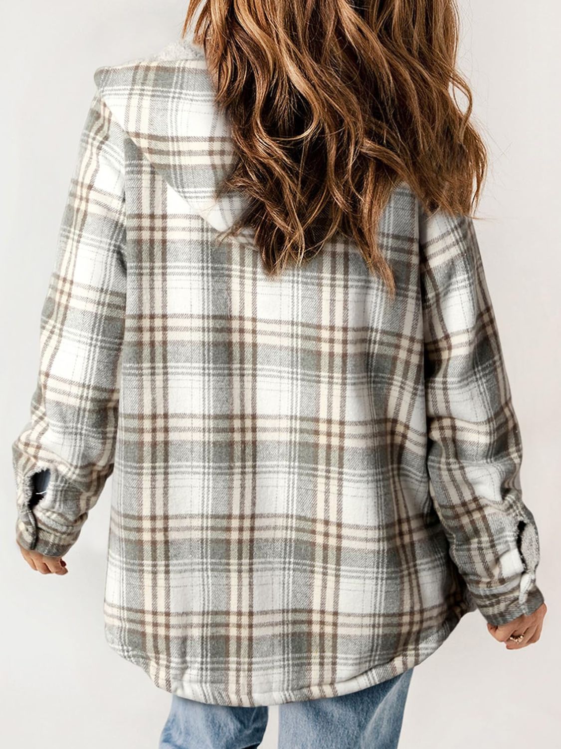 Plaid Snap Down Plush Hooded Jacket-TOPS / DRESSES-[Adult]-[Female]-2022 Online Blue Zone Planet