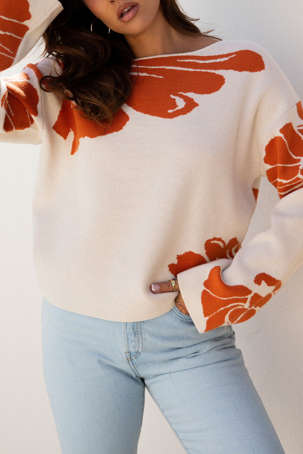 Beige Bold Flower Pattern Wide Sleeve Baggy Sweater-Sweaters & Cardigans/Sweaters-[Adult]-[Female]-2022 Online Blue Zone Planet