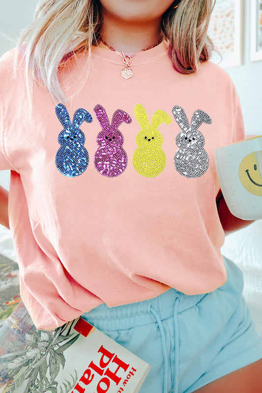 Pink Sequin Cute Bunny Graphic Easter Fashion Tee-Graphic/Graphic Tees-[Adult]-[Female]-Pink-S-2022 Online Blue Zone Planet