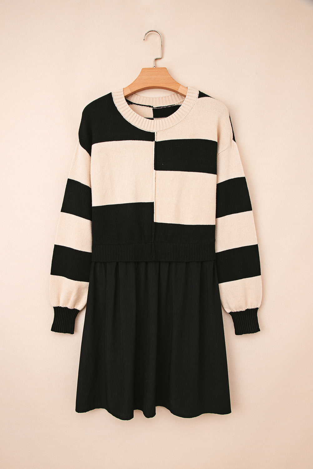 Black Stripe Two in One Knitted Top High Waist Splicing Hem Sweater Dress-TOPS / DRESSES-[Adult]-[Female]-2022 Online Blue Zone Planet
