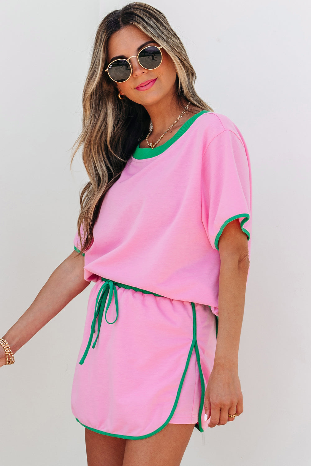Bonbon Colorblock Edge Drop Shoulder T Shirt and Skort 2Pcs Set-Two Piece Sets/Short Sets-[Adult]-[Female]-2022 Online Blue Zone Planet
