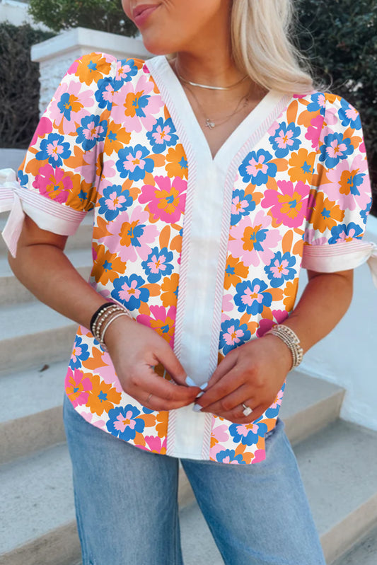 White Floral Colorblock Striped Edge V Neck Knotted Short Sleeve Blouse-Tops/Blouses & Shirts-[Adult]-[Female]-White-S-2022 Online Blue Zone Planet