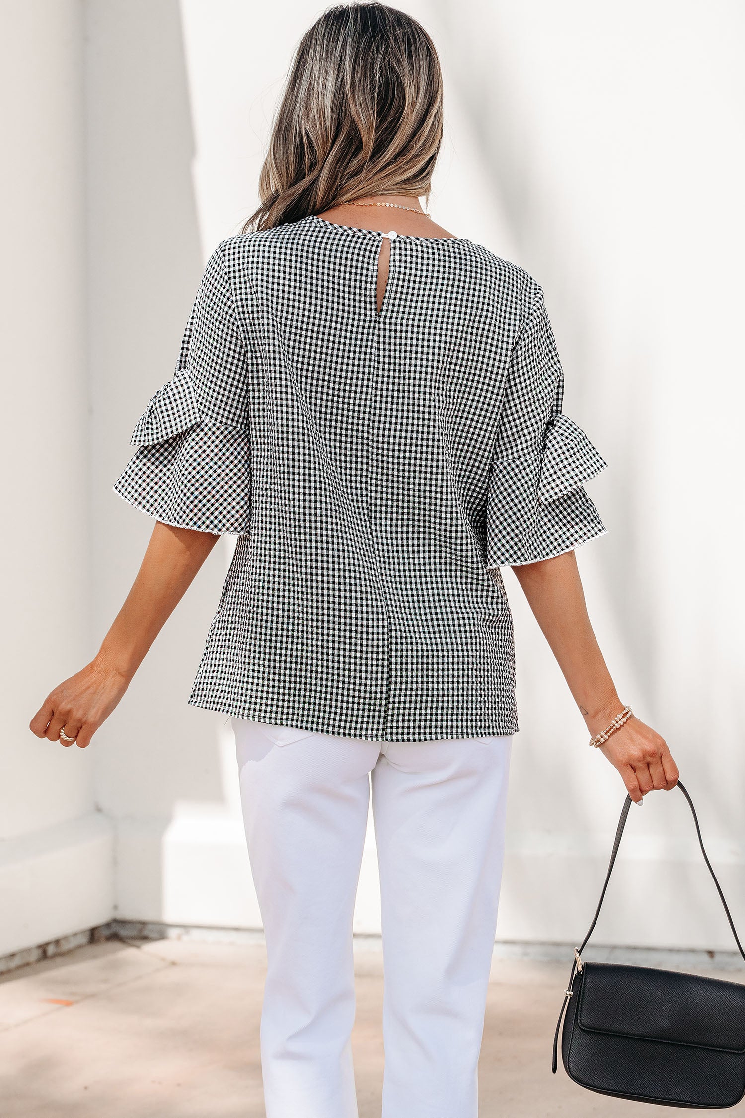 Black Plaid Bow Ruffled Half Sleeve Round Neck Blouse-Tops/Blouses & Shirts-[Adult]-[Female]-2022 Online Blue Zone Planet