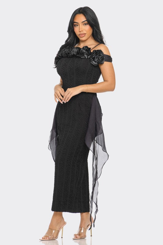 Lynn's Enchanting 3D Rose Off-Shoulder Cotton Maxi Dress-TOPS / DRESSES-[Adult]-[Female]-2022 Online Blue Zone Planet