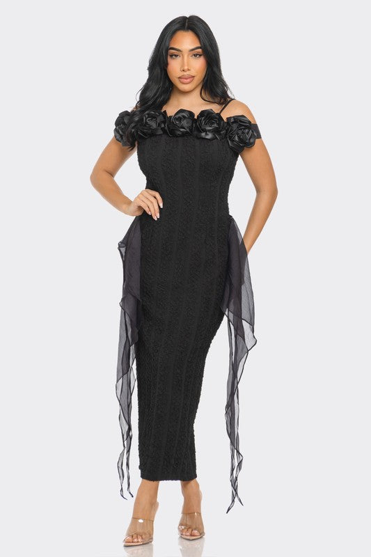 Lynn's Enchanting 3D Rose Off-Shoulder Cotton Maxi Dress-TOPS / DRESSES-[Adult]-[Female]-BLACK-S-2022 Online Blue Zone Planet