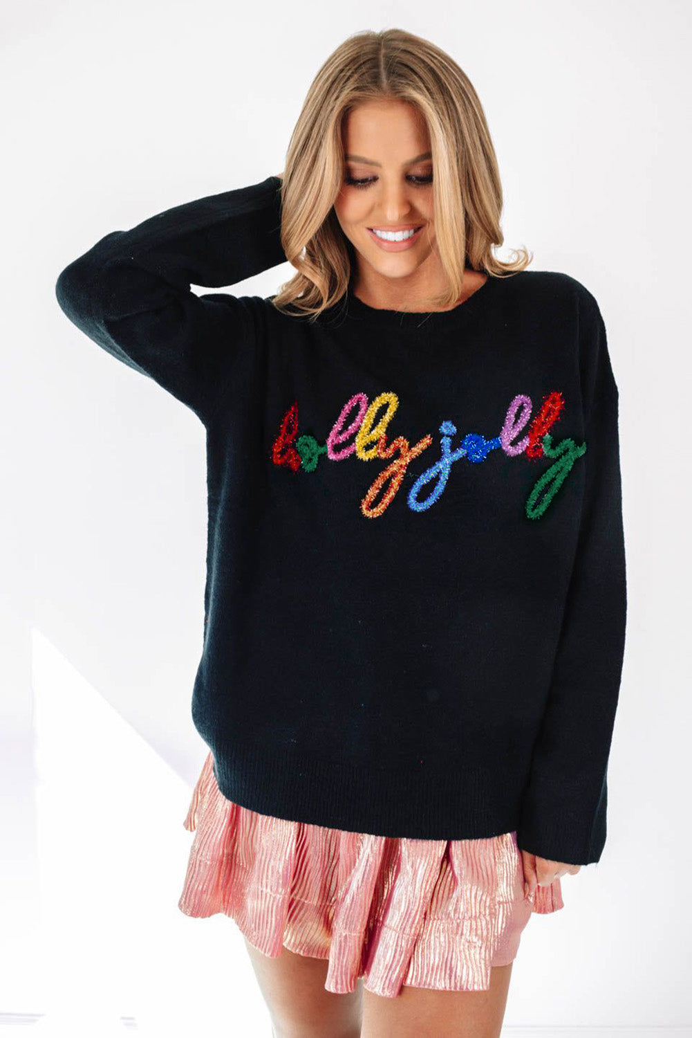 White Glitter Merry & Bright Round Neck Knit Sweater-Sweaters-[Adult]-[Female]-2022 Online Blue Zone Planet