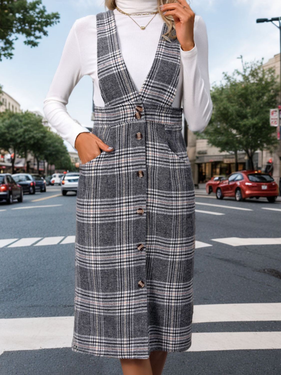 Perfee Pocketed Plaid Overall Dress-TOPS / DRESSES-[Adult]-[Female]-Dark Gray-S-2022 Online Blue Zone Planet