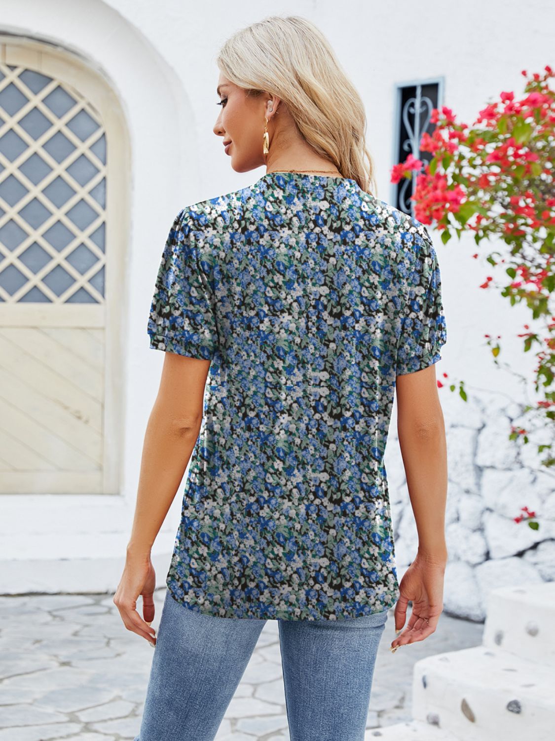 Ruched Printed Notched Short Sleeve Blouse-TOPS / DRESSES-[Adult]-[Female]-2022 Online Blue Zone Planet