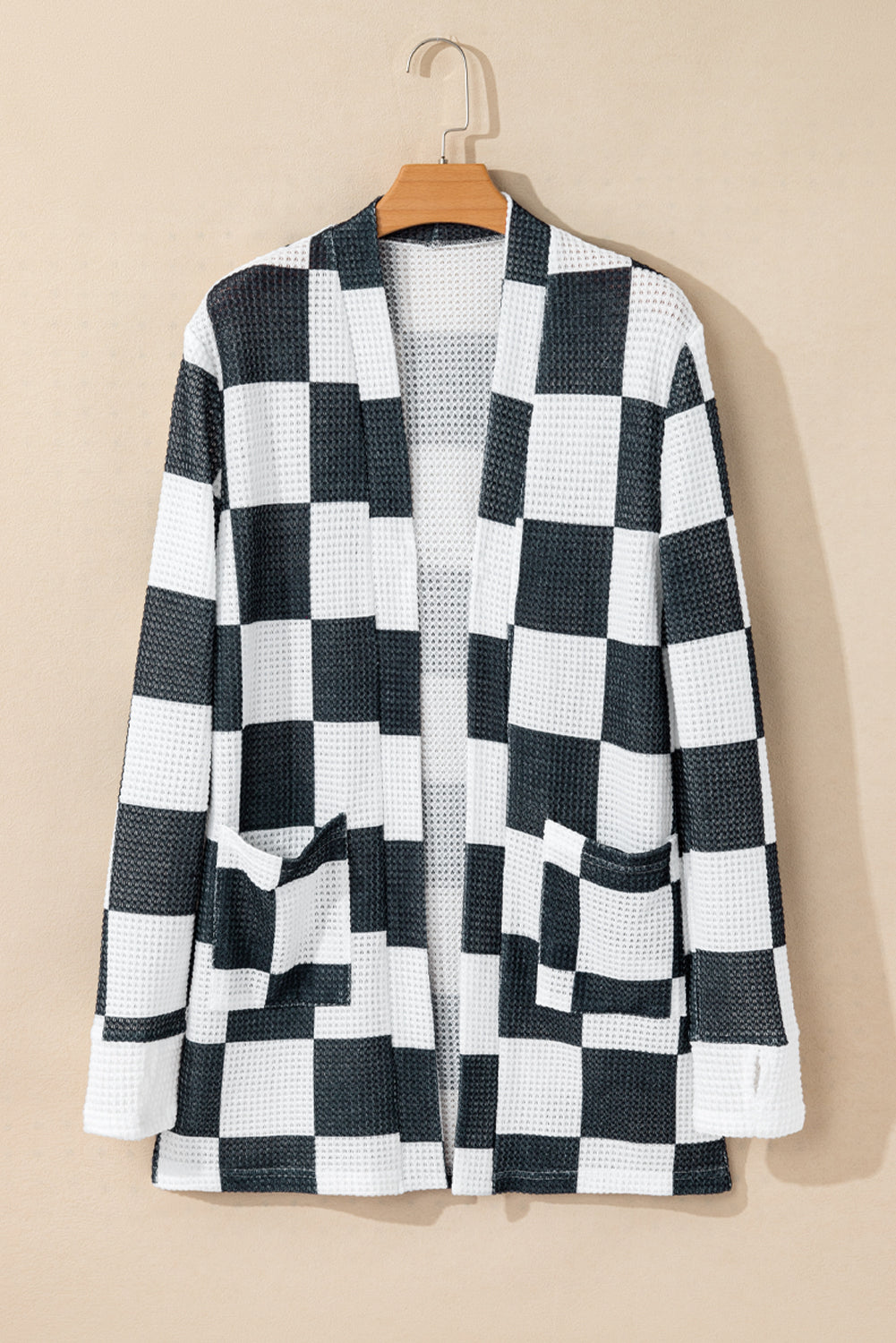 Blue Zone Planet | Black Checkered Waffle Knit Thumbhole Long Sleeve Cardigan-Cardigans-[Adult]-[Female]-2022 Online Blue Zone Planet