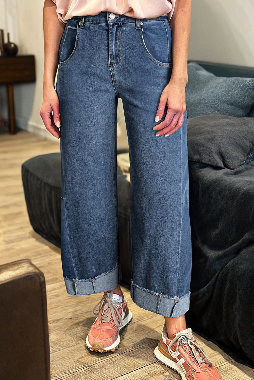 Ashleigh Blue Stitched Raw Hem Wide Leg Loose Jeans-TOPS / DRESSES-[Adult]-[Female]-2022 Online Blue Zone Planet