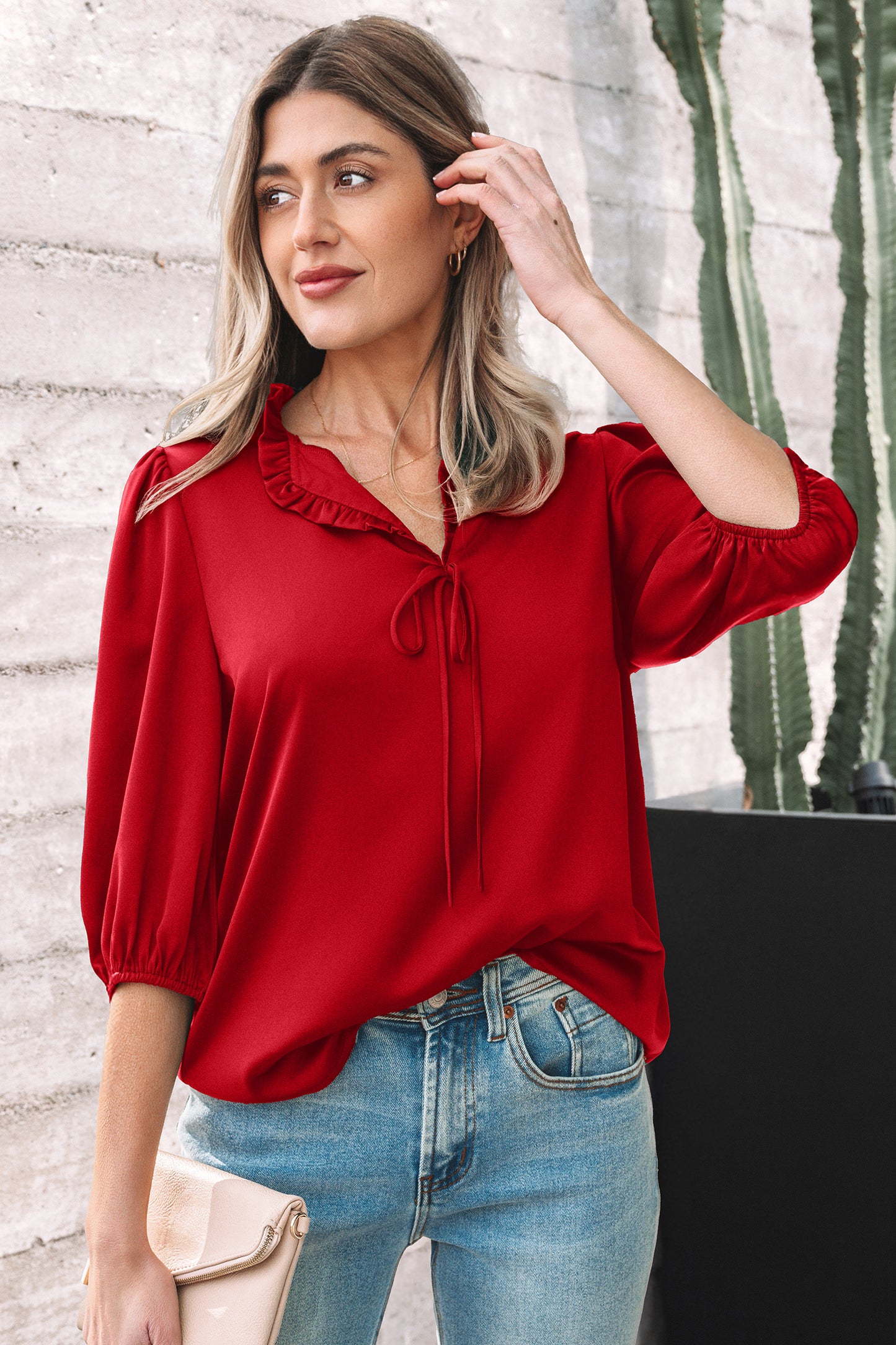 Fiery Red Solid Color Frilled V Neck Bow Detail 3/4 Sleeve Blouse-Tops/Blouses & Shirts-[Adult]-[Female]-2022 Online Blue Zone Planet