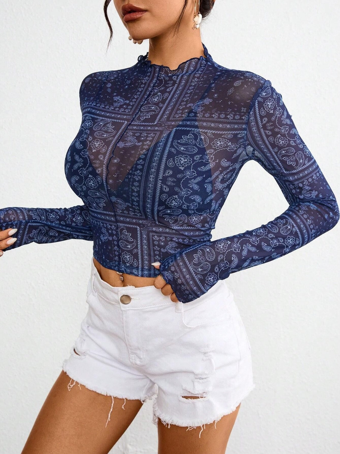 Paisley Mock Neck Long Sleeve Sheer Top-TOPS / DRESSES-[Adult]-[Female]-2022 Online Blue Zone Planet