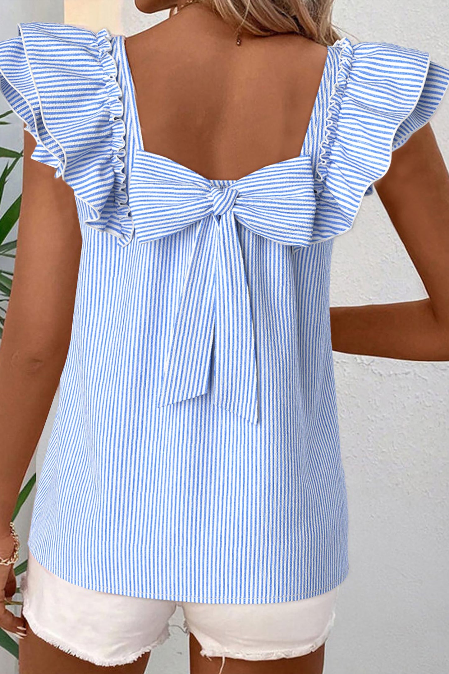 Sky Blue Stripe Square Neck Bow Decor Frilly Ruffled Short Sleeve Blouse-Tops/Blouses & Shirts-[Adult]-[Female]-Sky Blue Stripe-S-2022 Online Blue Zone Planet