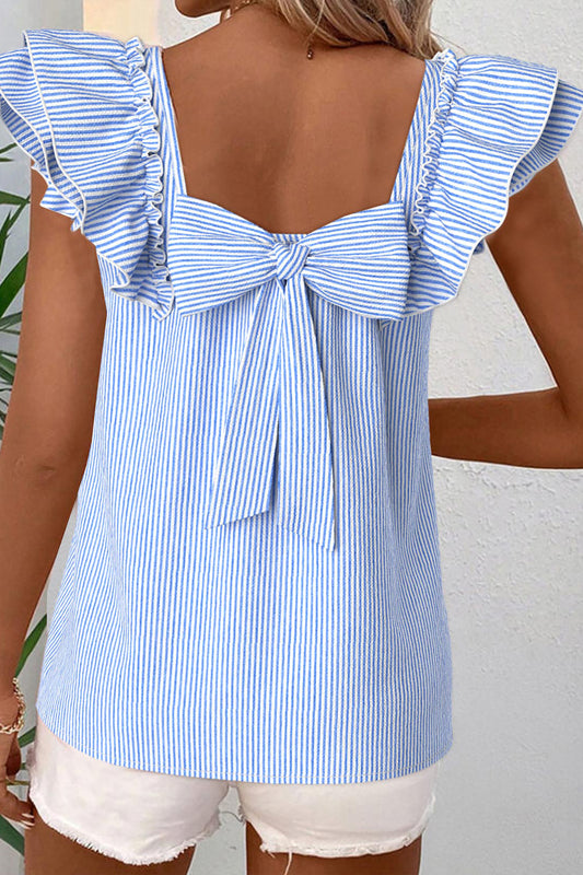 Sky Blue Stripe Square Neck Bow Decor Frilly Ruffled Short Sleeve Blouse-Tops/Blouses & Shirts-[Adult]-[Female]-Sky Blue Stripe-S-2022 Online Blue Zone Planet
