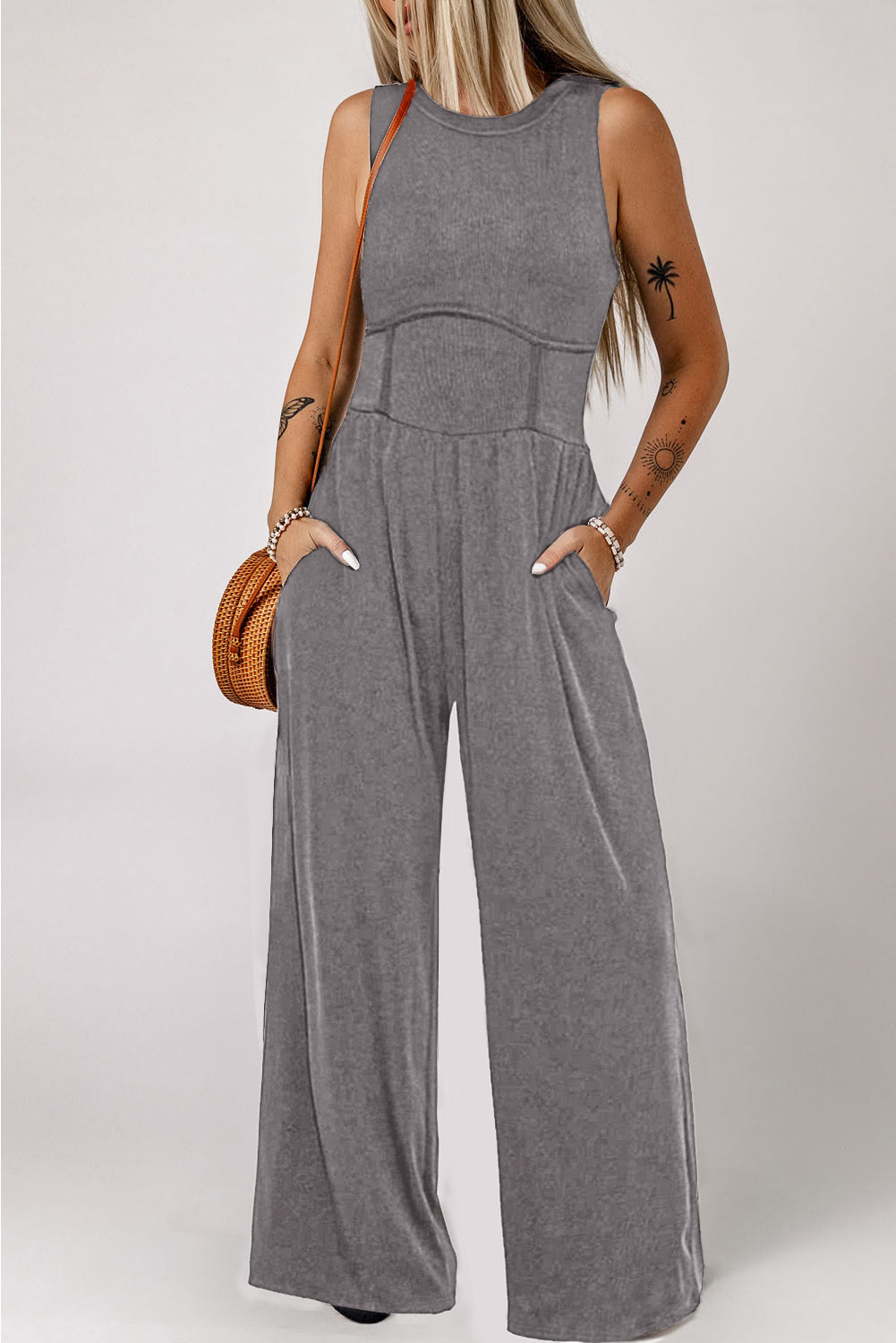 Black Cinched Waist Sleeveless Wide Leg Jumpsuit Blue Zone Planet