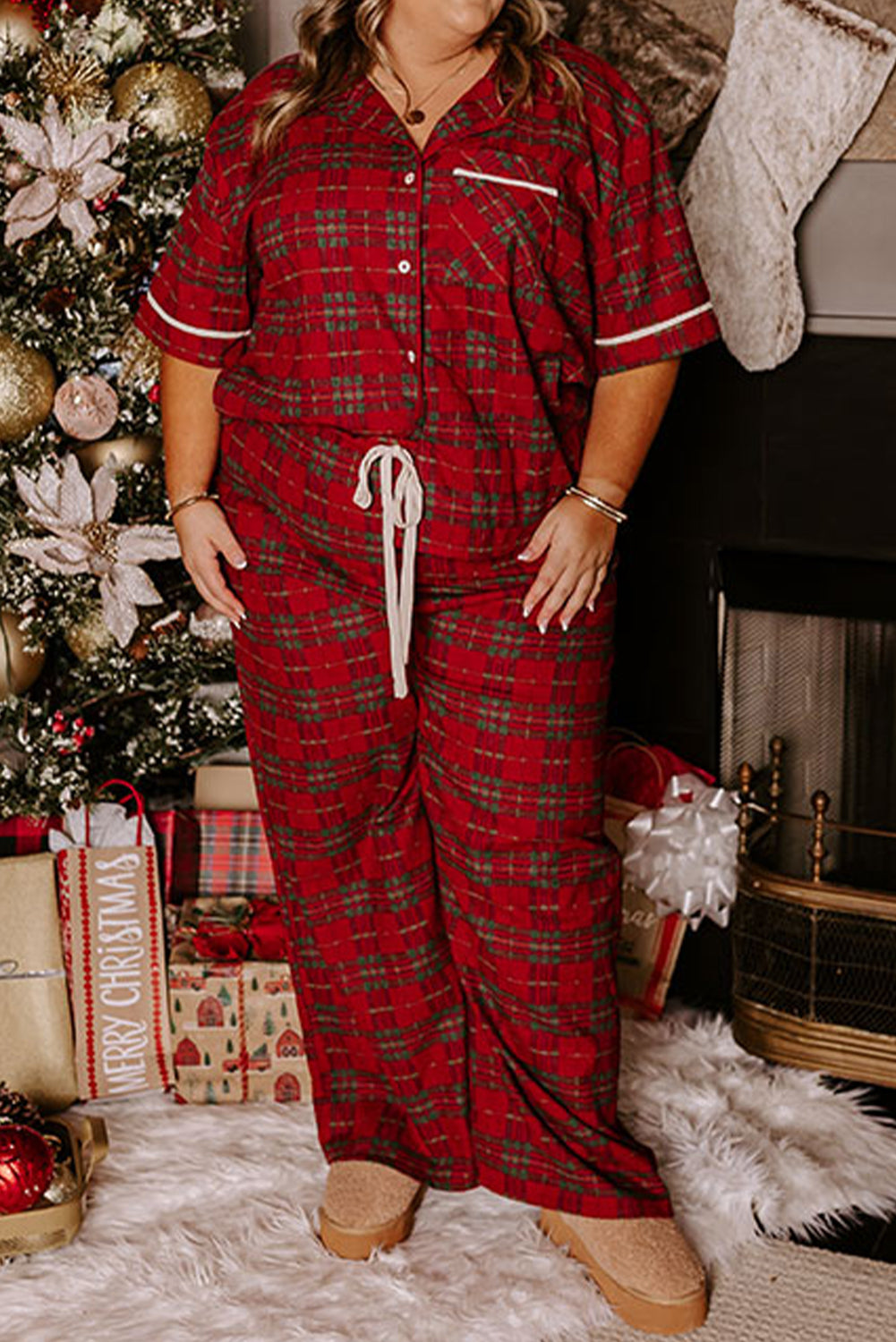 Red Plus Size Plaid Short Sleeve Shirt Loose Pants 2pcs Pajama Set-Plus Size/Plus Size Loungewear-[Adult]-[Female]-Red-1X-2022 Online Blue Zone Planet