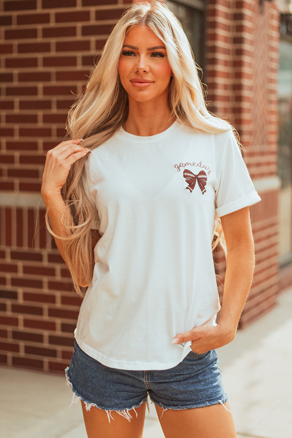White Game Day Bowknot Embroidered Graphic Casual Tee-Graphic/Graphic Tees-[Adult]-[Female]-2022 Online Blue Zone Planet