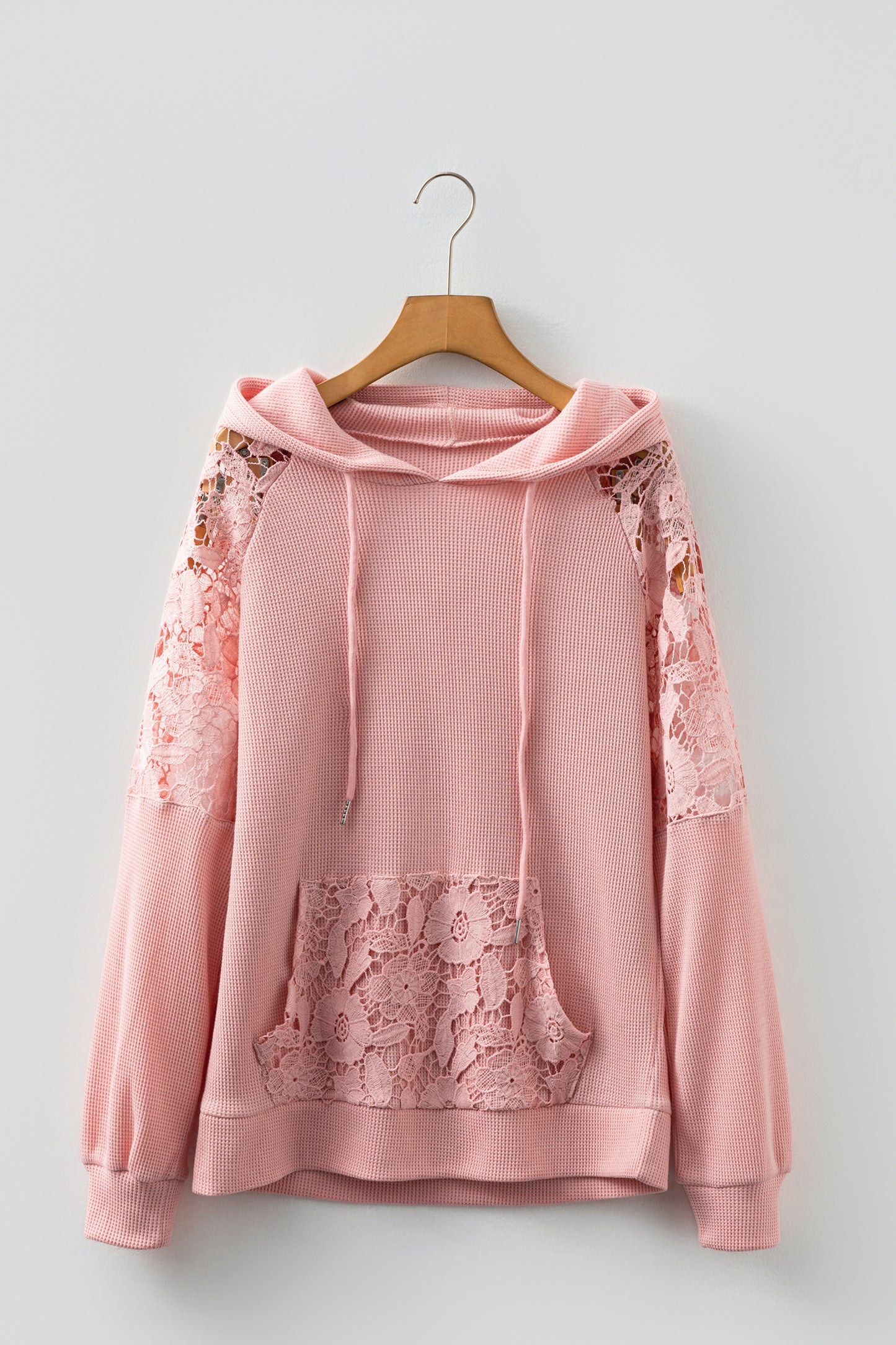 Gossamer Pink Lace Patchwork Raglan Sleeve Kangaroo Pocket Waffle Hoodie-Tops / Dresses-[Adult]-[Female]-2022 Online Blue Zone Planet