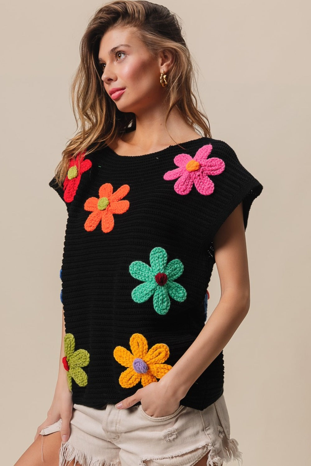 BiBi Flower Round Neck Cap Sleeve Knit Top-TOPS / DRESSES-[Adult]-[Female]-2022 Online Blue Zone Planet