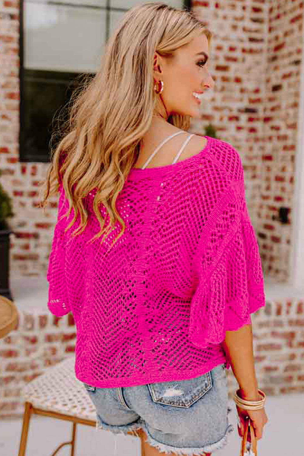 Rose Red Pointelle Knit Scallop Edge Short Sleeve Top-Sweaters & Cardigans/Short Sleeve Sweaters-[Adult]-[Female]-2022 Online Blue Zone Planet