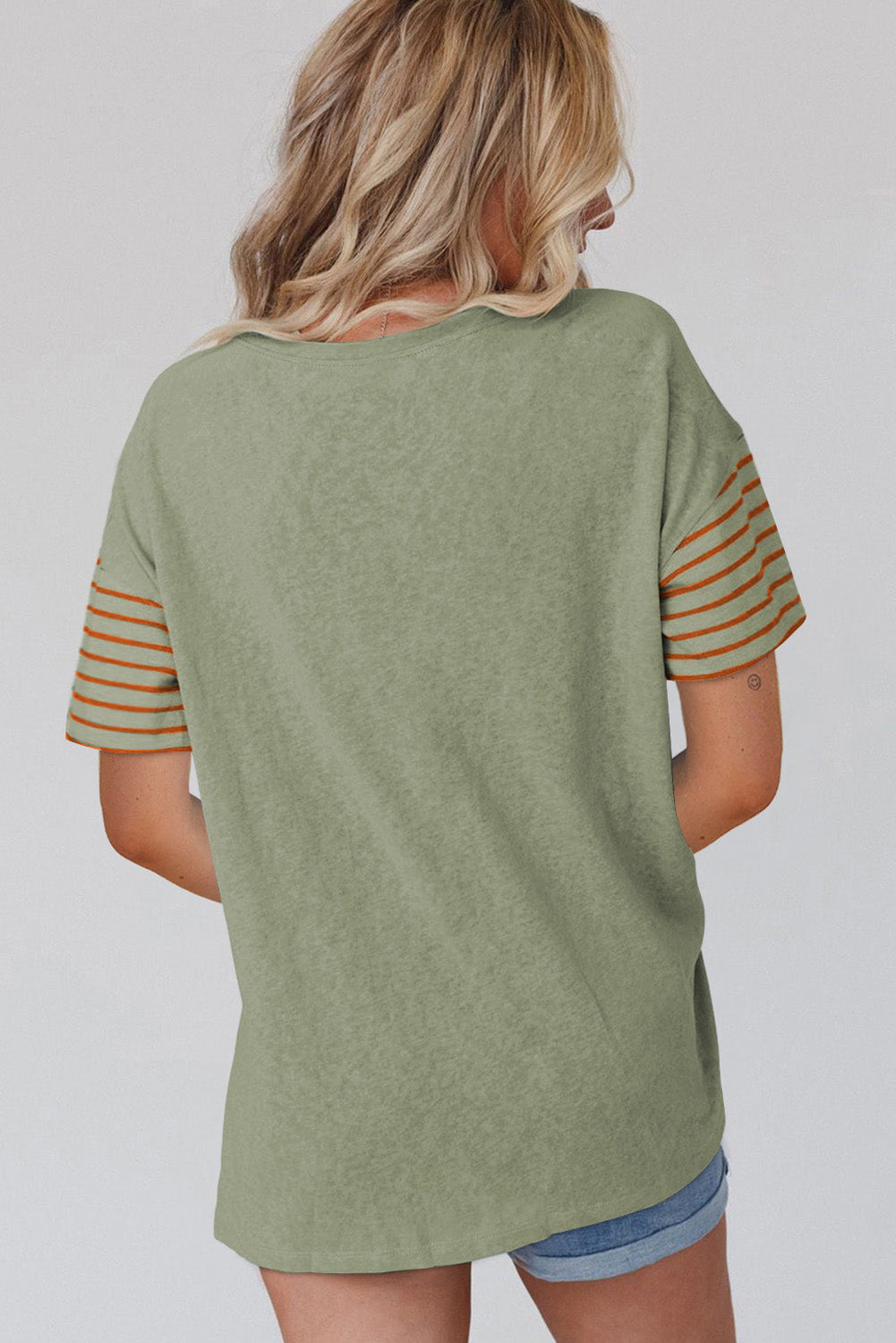 Laurel Green Color Block Striped Detail Loose T Shirt-Tops/Tops & Tees-[Adult]-[Female]-2022 Online Blue Zone Planet