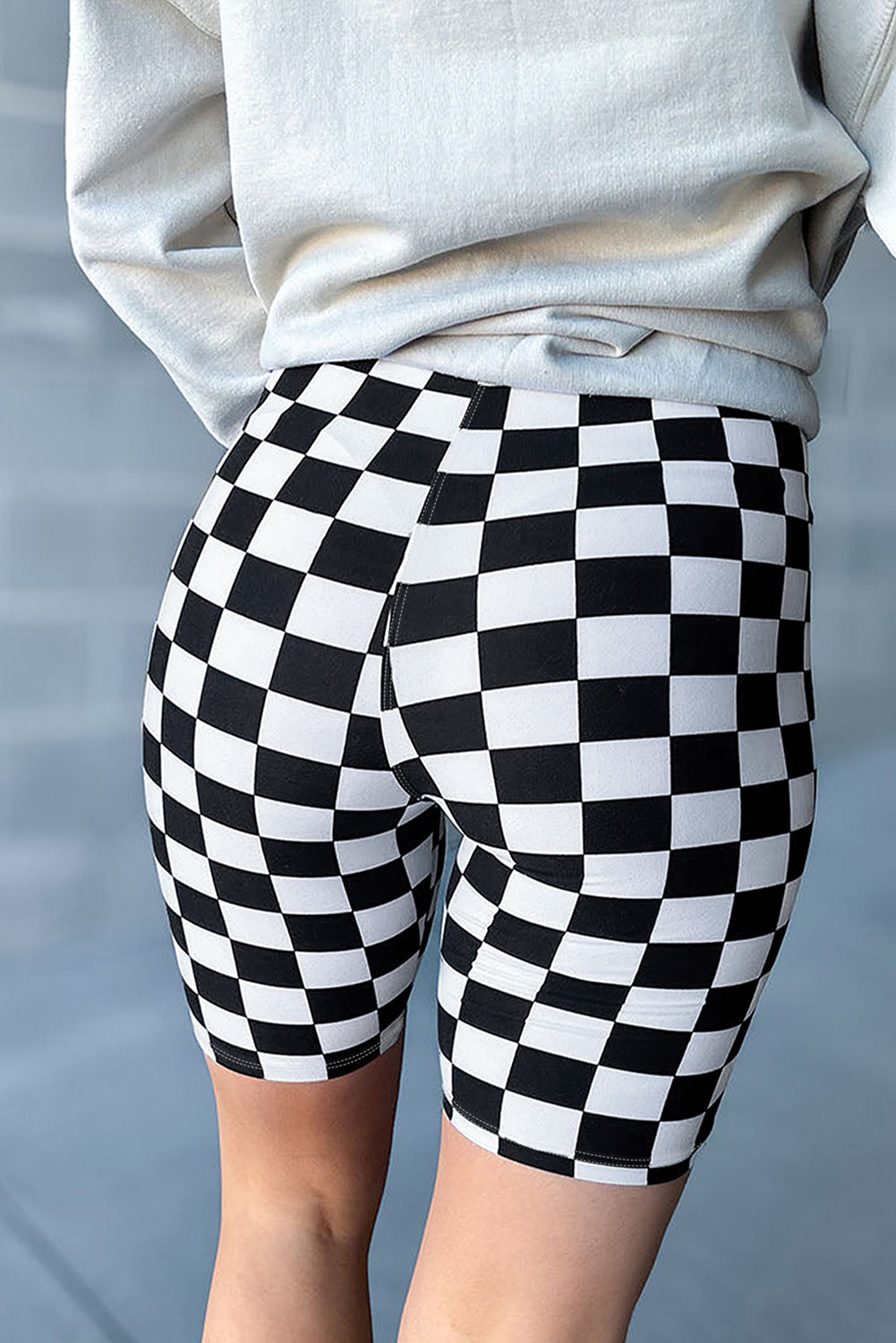 Blue Zone Planet | Black Checkerboard Printed High Waist Biker Shorts-Bottoms/Leggings-[Adult]-[Female]-2022 Online Blue Zone Planet