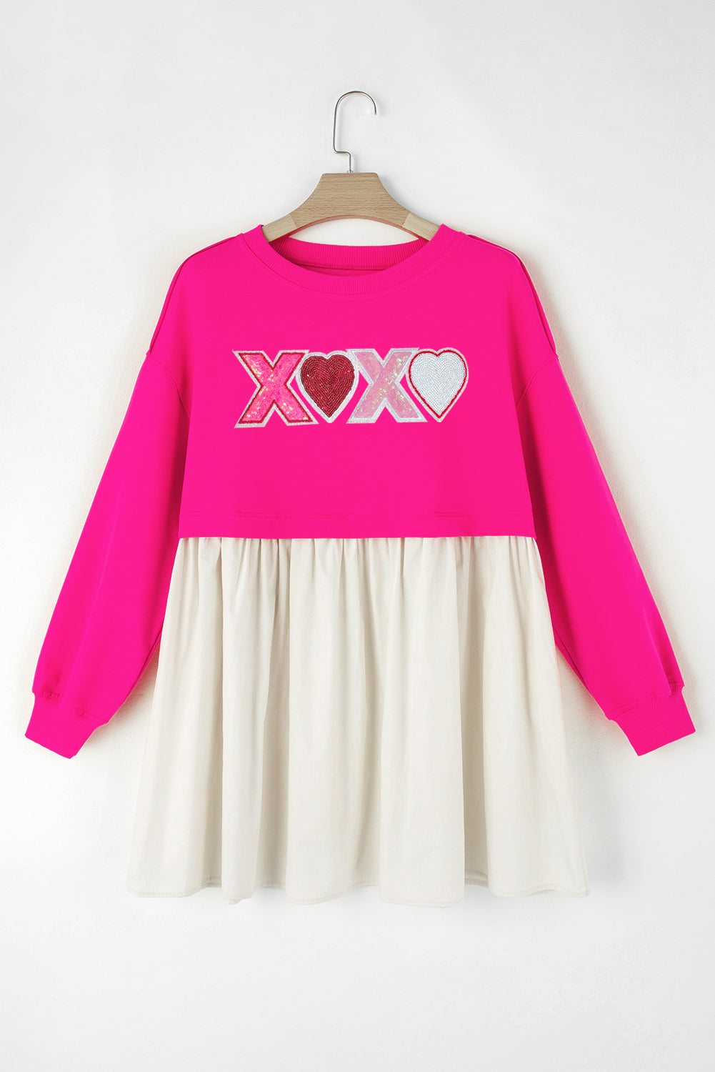 Rose Red XOXO Heart Patched Casual Sweatshirt Mini Dress-Graphic Apparel-[Adult]-[Female]-2022 Online Blue Zone Planet