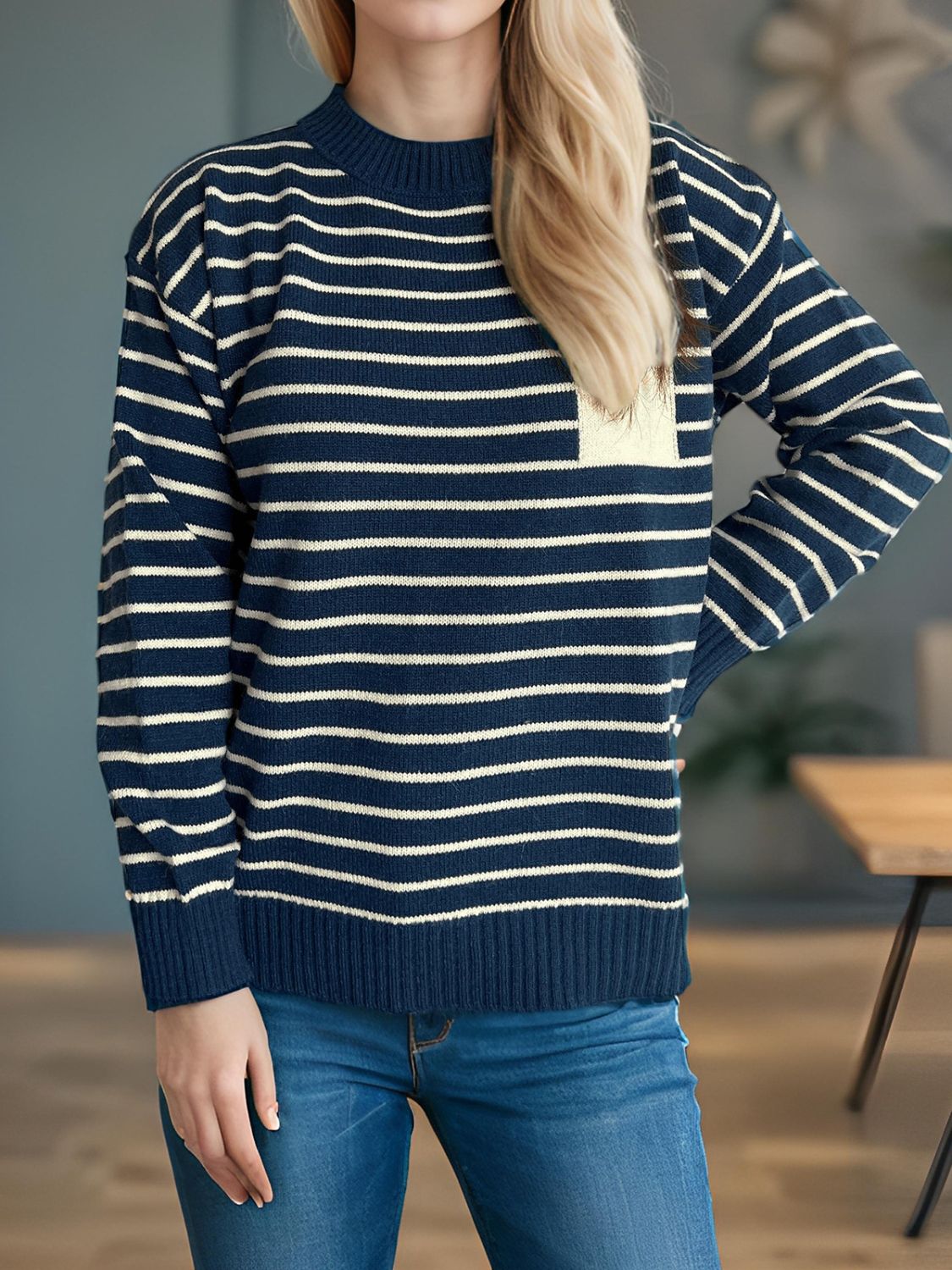 Blue Zone Planet | Striped Mock Neck Long Sleeve Sweater-TOPS / DRESSES-[Adult]-[Female]-Dark Blue-One Size-2022 Online Blue Zone Planet