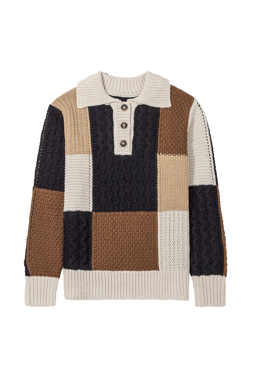Multicolour Color Block Cable Knit Sleeve Buttons Collared Sweater-TOPS / DRESSES-[Adult]-[Female]-2022 Online Blue Zone Planet
