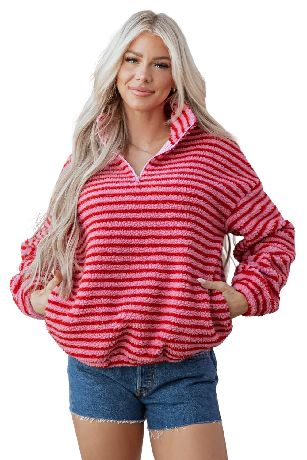 Pink Stripe Quarter Zip Fleece Oversize Sweatshirt-Tops/Sweatshirts & Hoodies-[Adult]-[Female]-2022 Online Blue Zone Planet