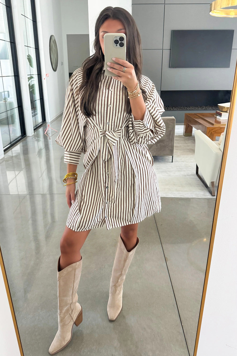 Brown Stripe Knot Waist Puff Sleeve Button Down Mini Shirt Dress-Dresses/Mini Dresses-[Adult]-[Female]-2022 Online Blue Zone Planet