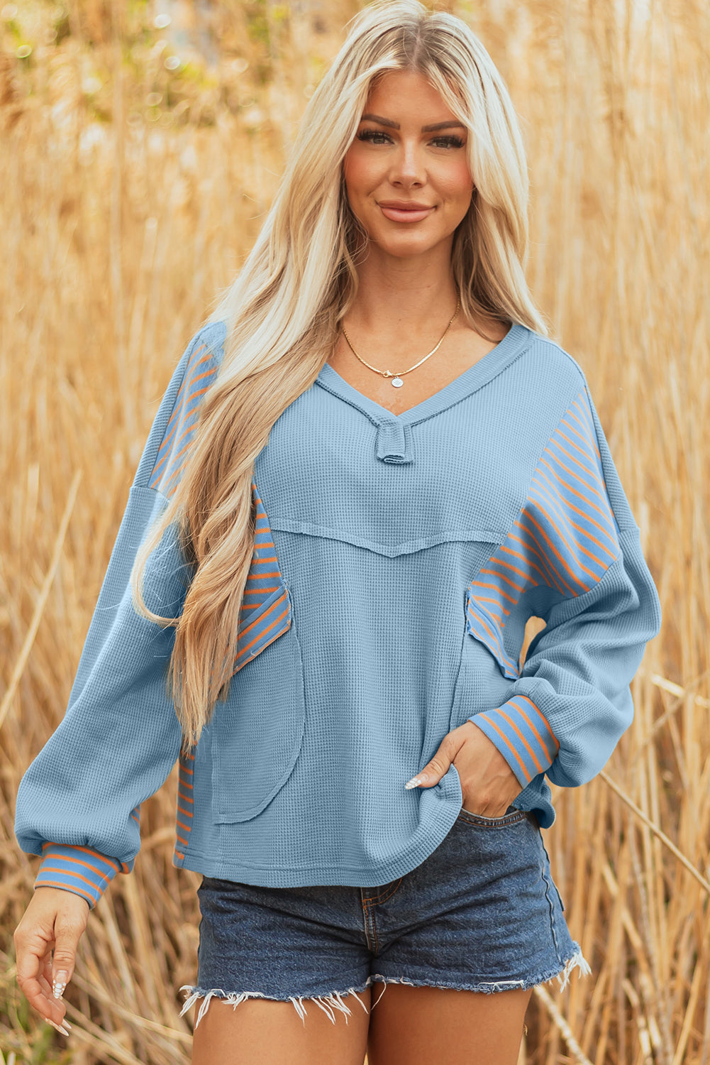 Dusk Blue Exposed Seam Waffle Striped Patchwork Baggy Pullover-Tops/Long Sleeve Tops-[Adult]-[Female]-2022 Online Blue Zone Planet