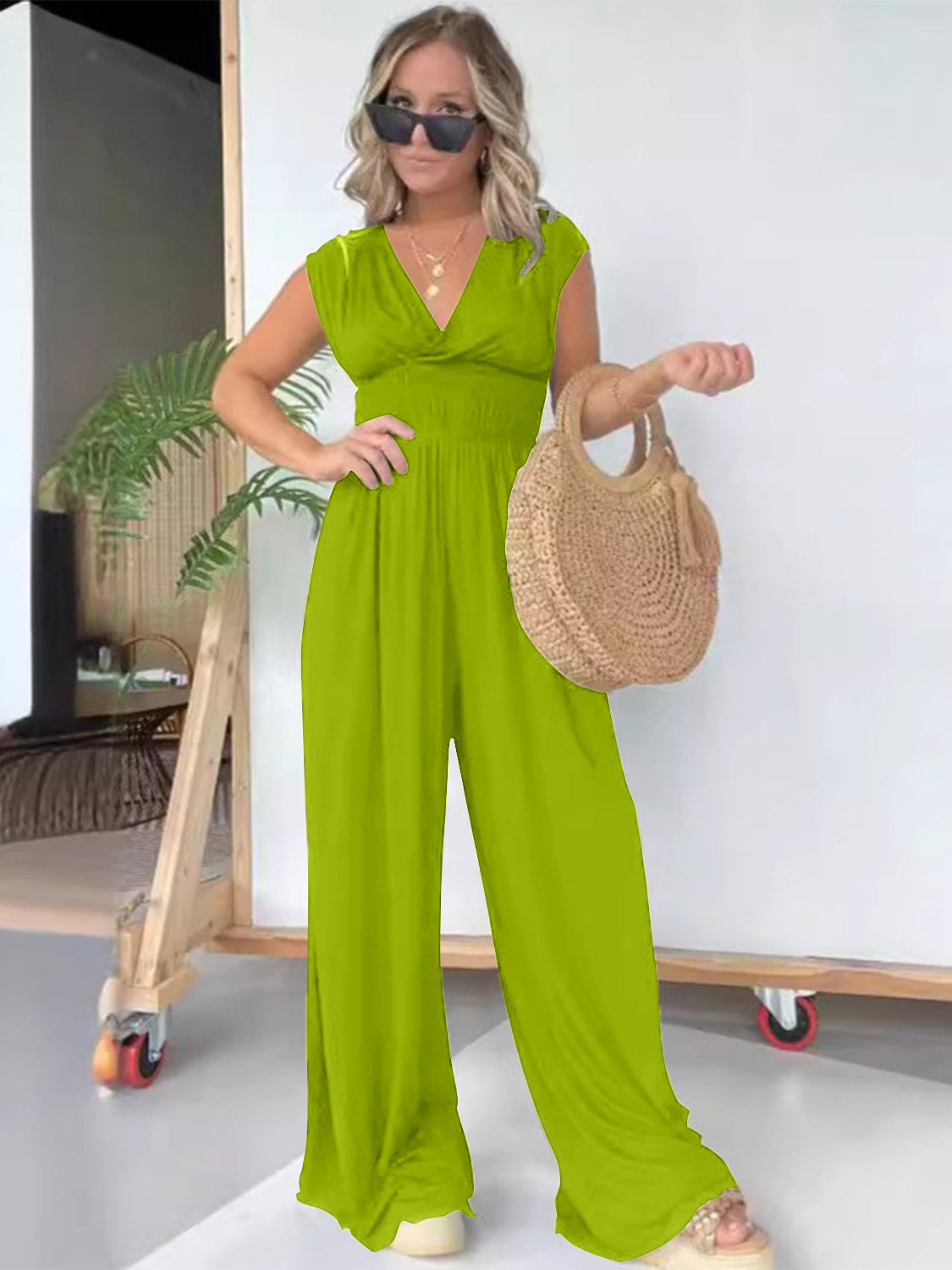 Smocked Cap Sleeve Wide Leg Jumpsuit-TOPS / DRESSES-[Adult]-[Female]-Lime-S-2022 Online Blue Zone Planet