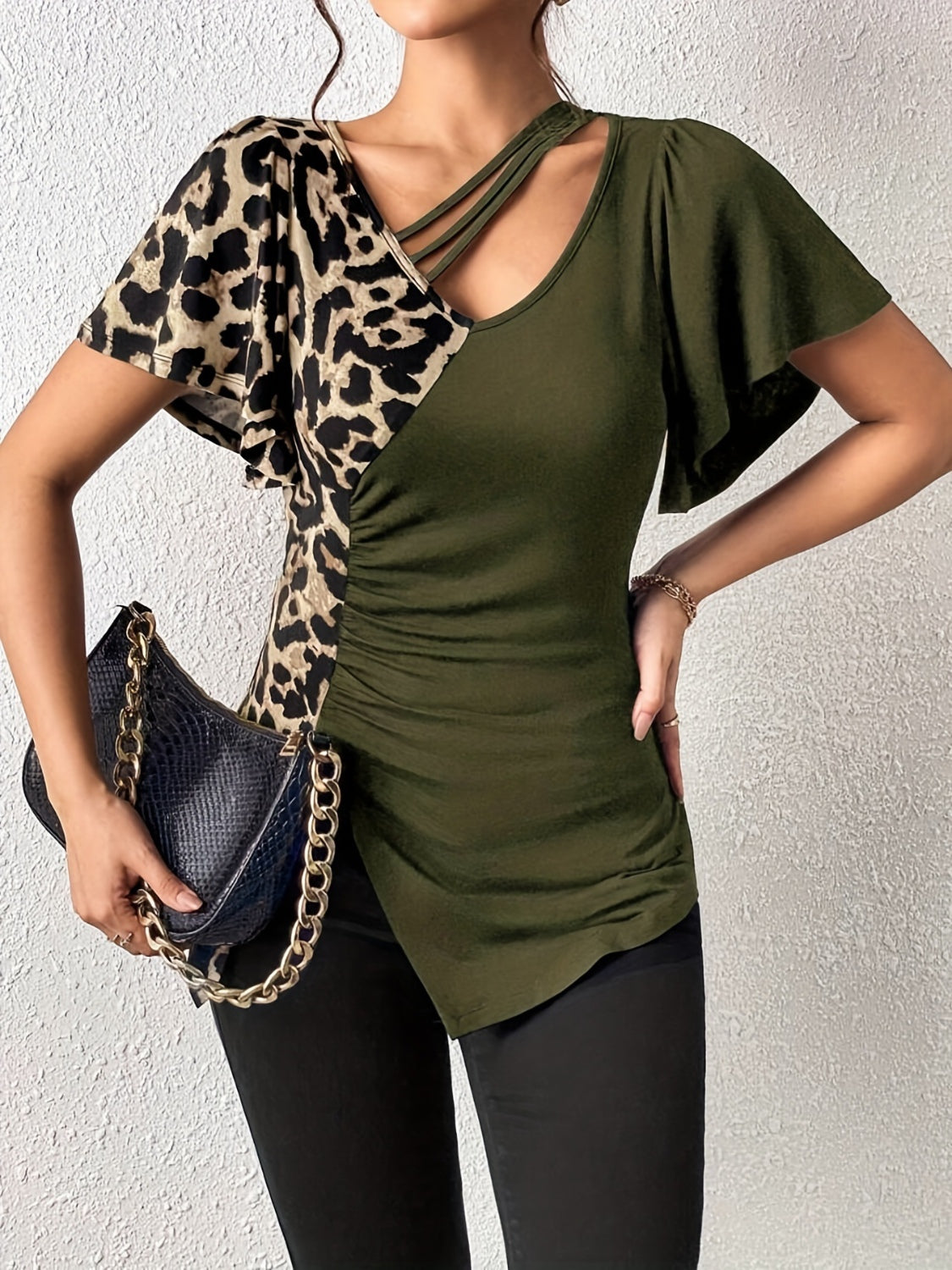 Ruched Leopard Flutter Sleeve T-Shirt-TOPS / DRESSES-[Adult]-[Female]-2022 Online Blue Zone Planet