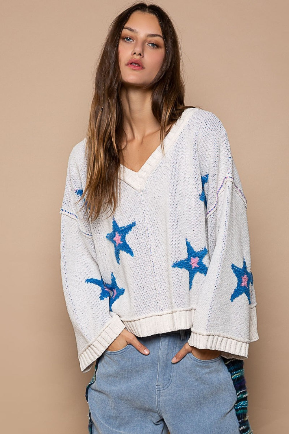 POL Long Sleeve Star Patch Sweater-TOPS / DRESSES-[Adult]-[Female]-White-S-2022 Online Blue Zone Planet