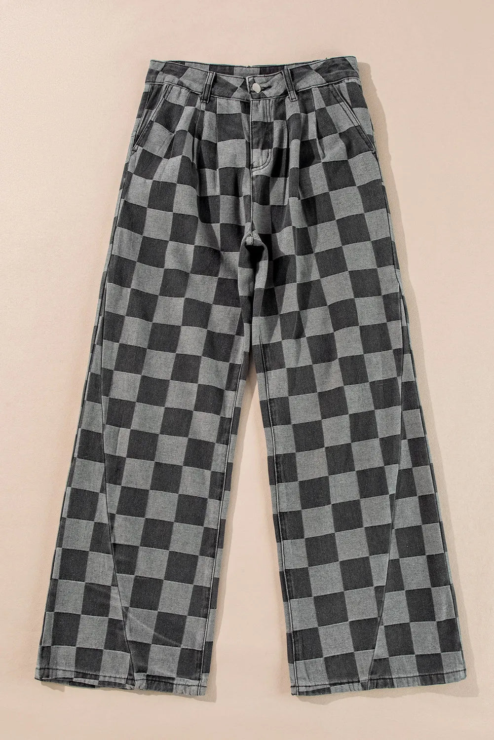 Blue Zone Planet | Checkered Wide Leg Jeans with Pockets-BOTTOMS SIZES SMALL MEDIUM LARGE-[Adult]-[Female]-2022 Online Blue Zone Planet