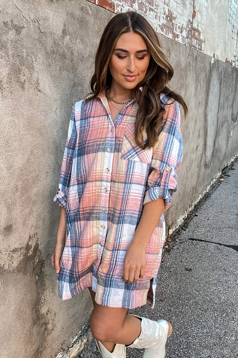 Blue Zone Planet | Pink Plaid Roll-tab Sleeve Side Slit Shirt Dress-TOPS / DRESSES-[Adult]-[Female]-2022 Online Blue Zone Planet