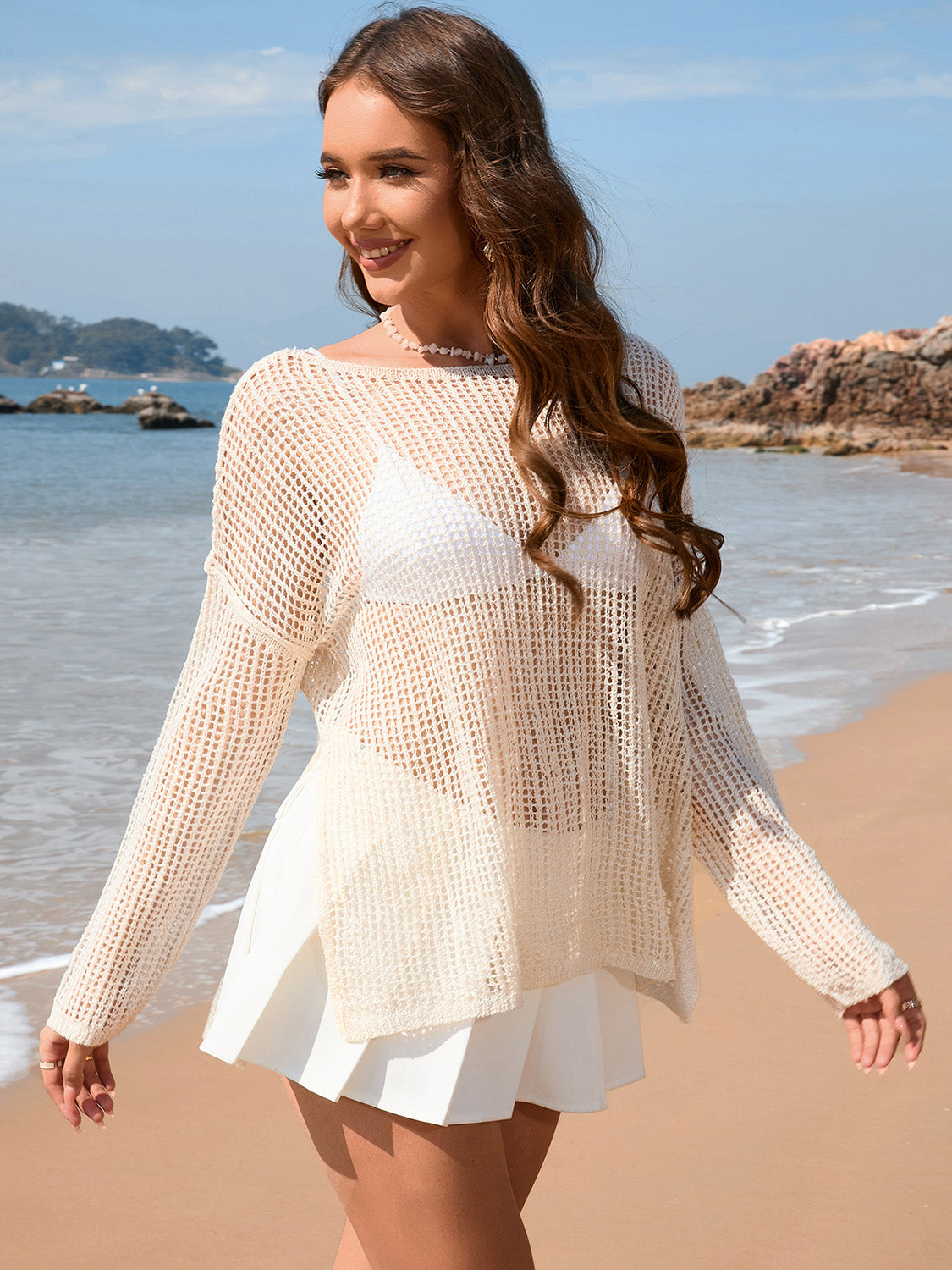 Openwork Slit Boat Neck Long Sleeve Cover-Up-TOPS / DRESSES-[Adult]-[Female]-2022 Online Blue Zone Planet