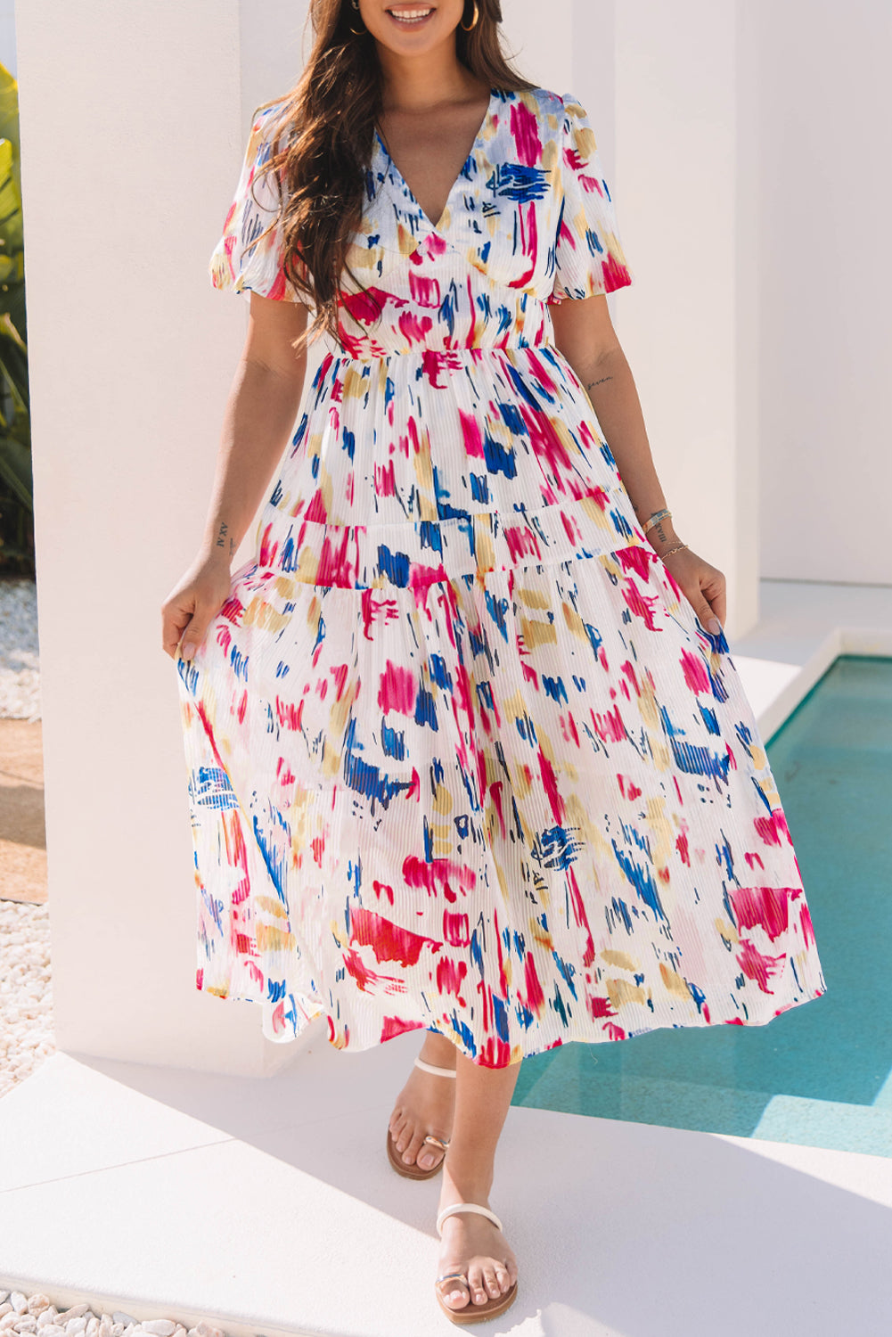 Rose Abstract Print Short Puff Sleeve Tiered Maxi Dress-TOPS / DRESSES-[Adult]-[Female]-2022 Online Blue Zone Planet