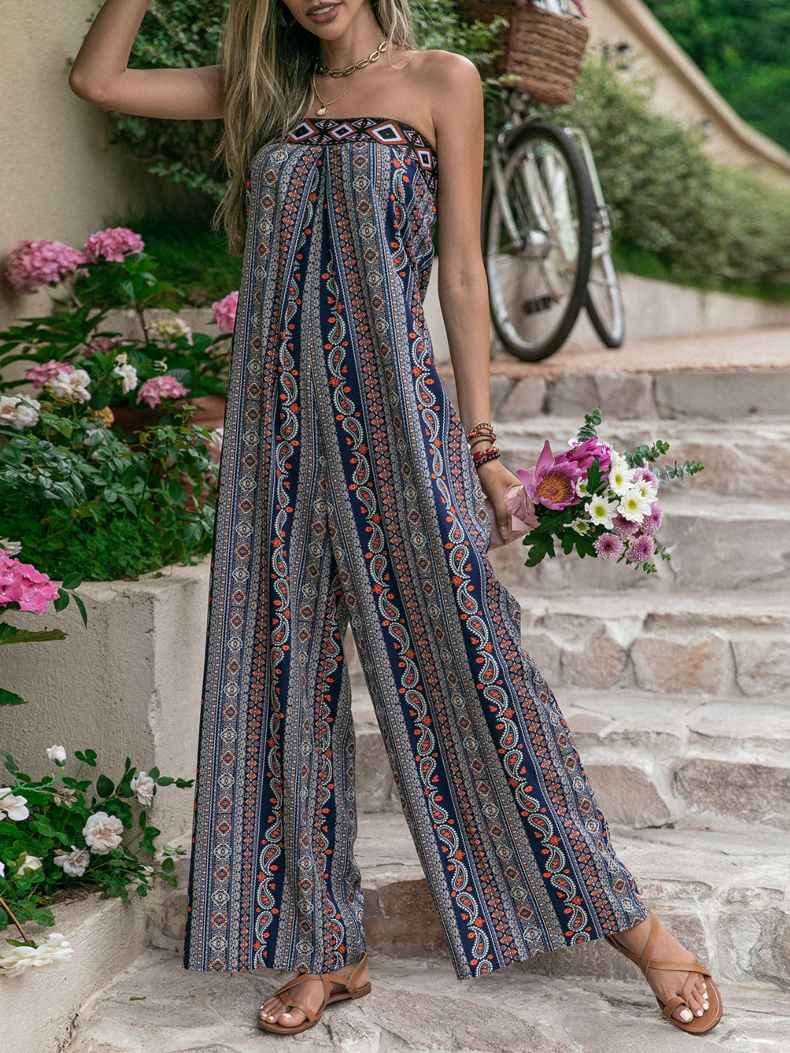 Blue Zone Planet |  Tied Printed Tube Wide Leg Jumpsuit BLUE ZONE PLANET