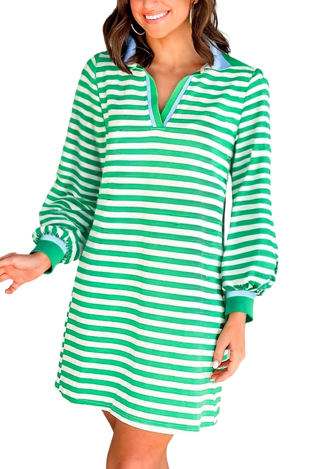 Green Striped Contrast Collar Split Neck Long Sleeve Mini Dress-Dresses/Mini Dresses-[Adult]-[Female]-2022 Online Blue Zone Planet