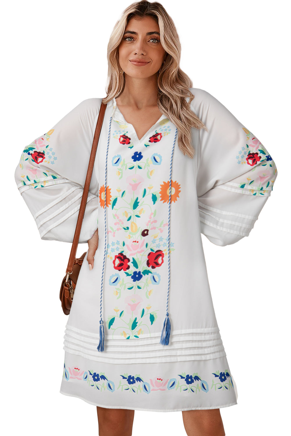 Blue Zone Planet | White Boho Floral Tassel Tie V Neck Mini Dress-TOPS / DRESSES-[Adult]-[Female]-2022 Online Blue Zone Planet