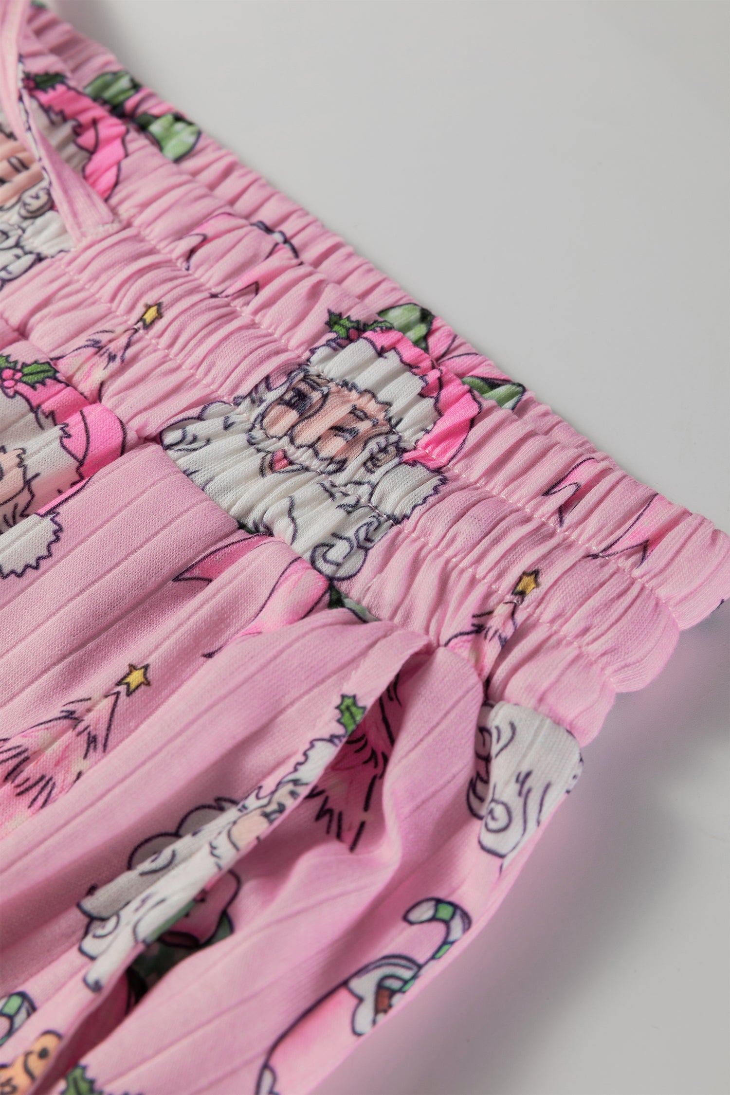 Pink Christmas Print Ruffled Ribbed Shirt & Pants 2 Piece PJ Set-Loungewear & Sleepwear/Sleepwear-[Adult]-[Female]-2022 Online Blue Zone Planet